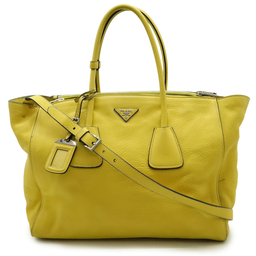 Prada Triangle Tote Tessuto Saffiano Bag Shoulder CERVO Leather ANANAS Yellow